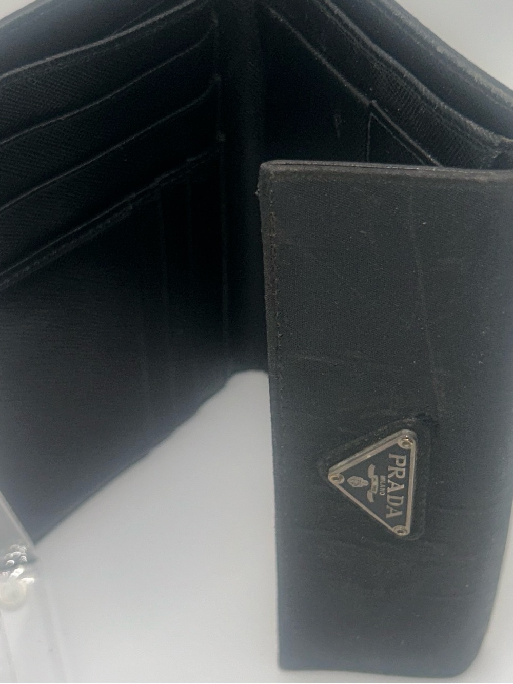 Prada Vintage Black Tessuto Nylon Saffiano Leather Trifold Wallet - Picture 6 of 11
